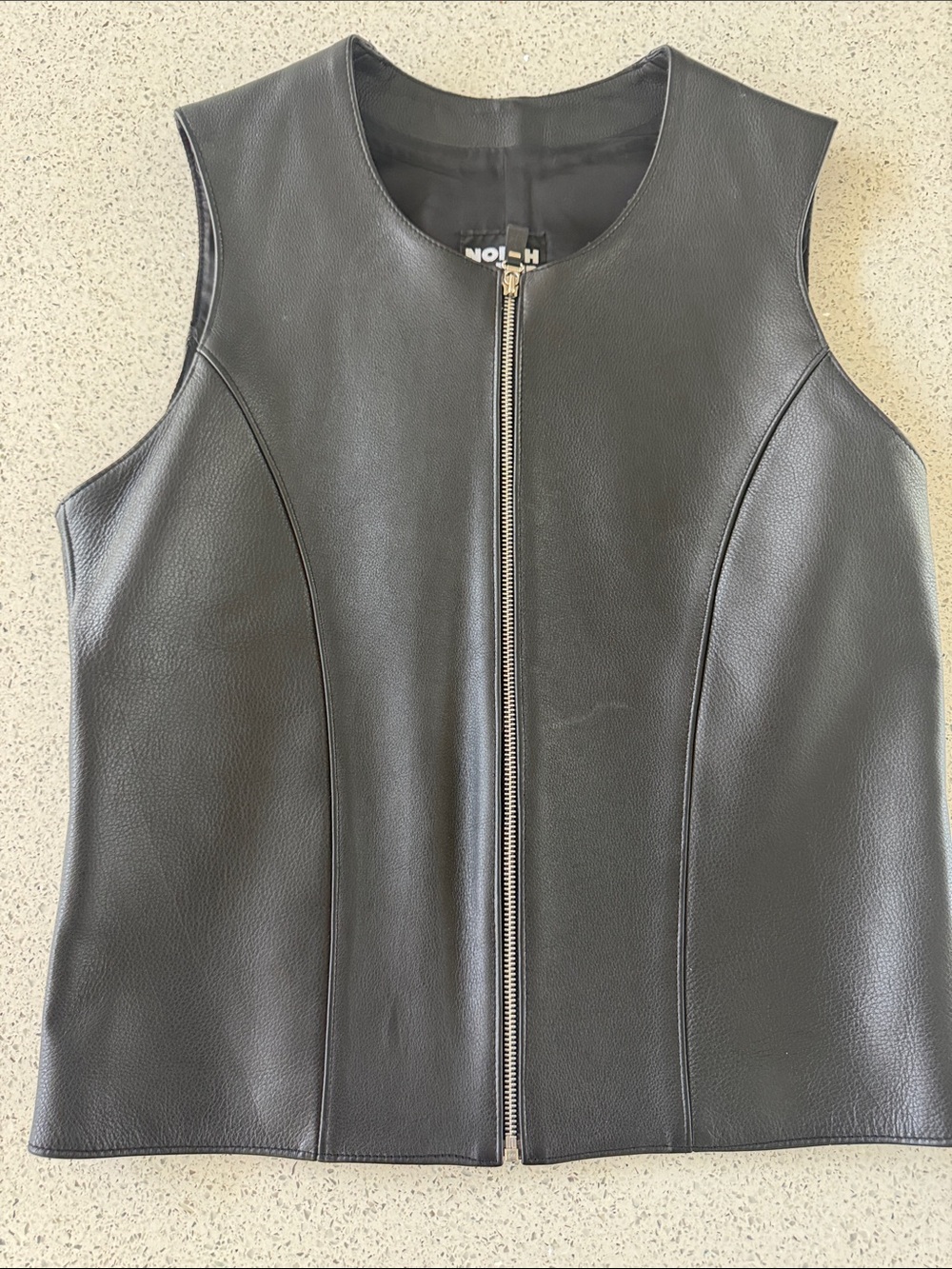 Sleeveless Black Leather Zip-Front Vest
